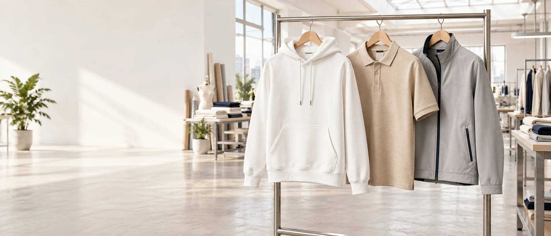 White hoodie, beige polo shirt and grey zip jacket displayed in an apparel development studio