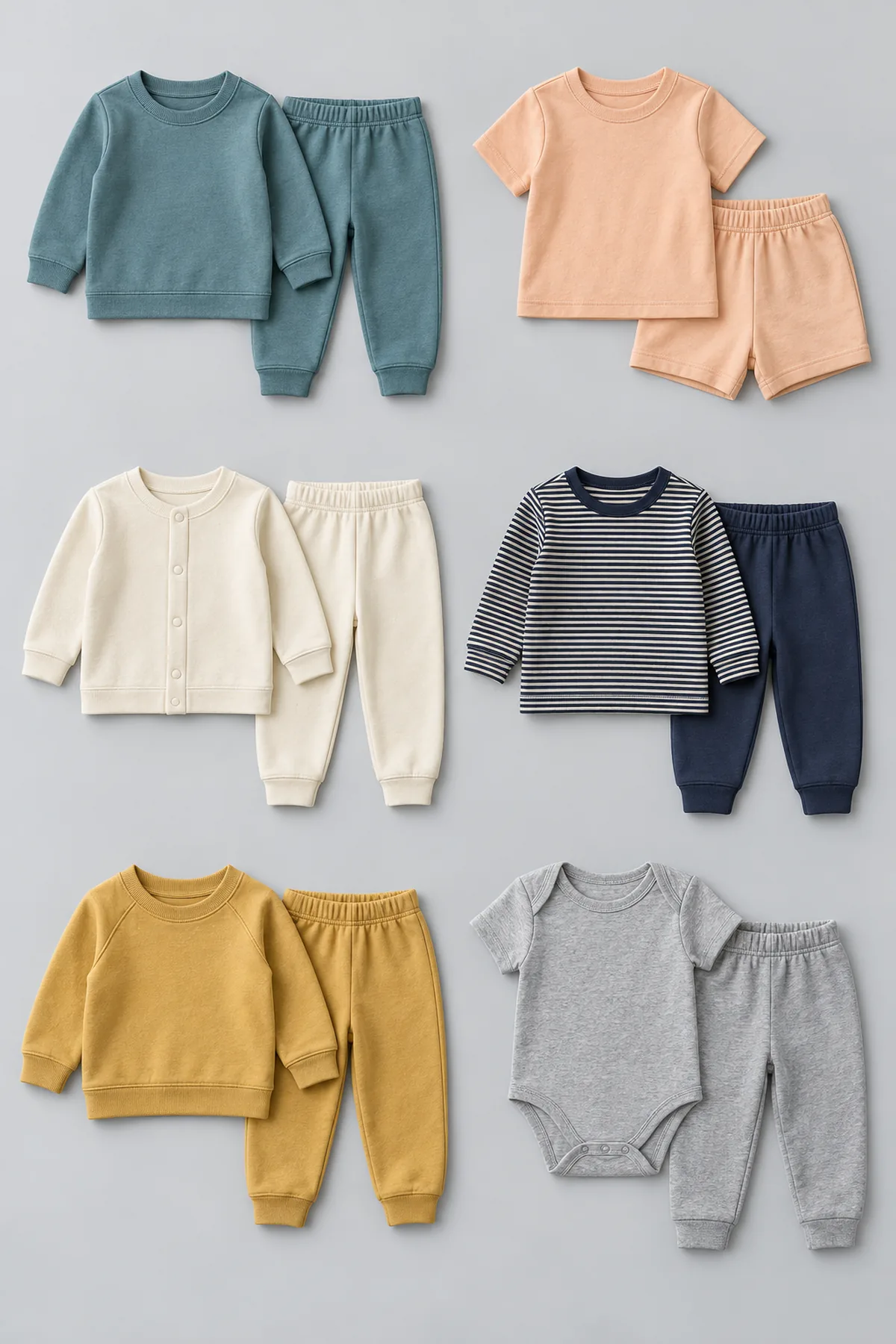 Six coordinated baby clothing sets in teal, apricot, cream, navy stripe, mustard and heather grey with matching tops and bottoms