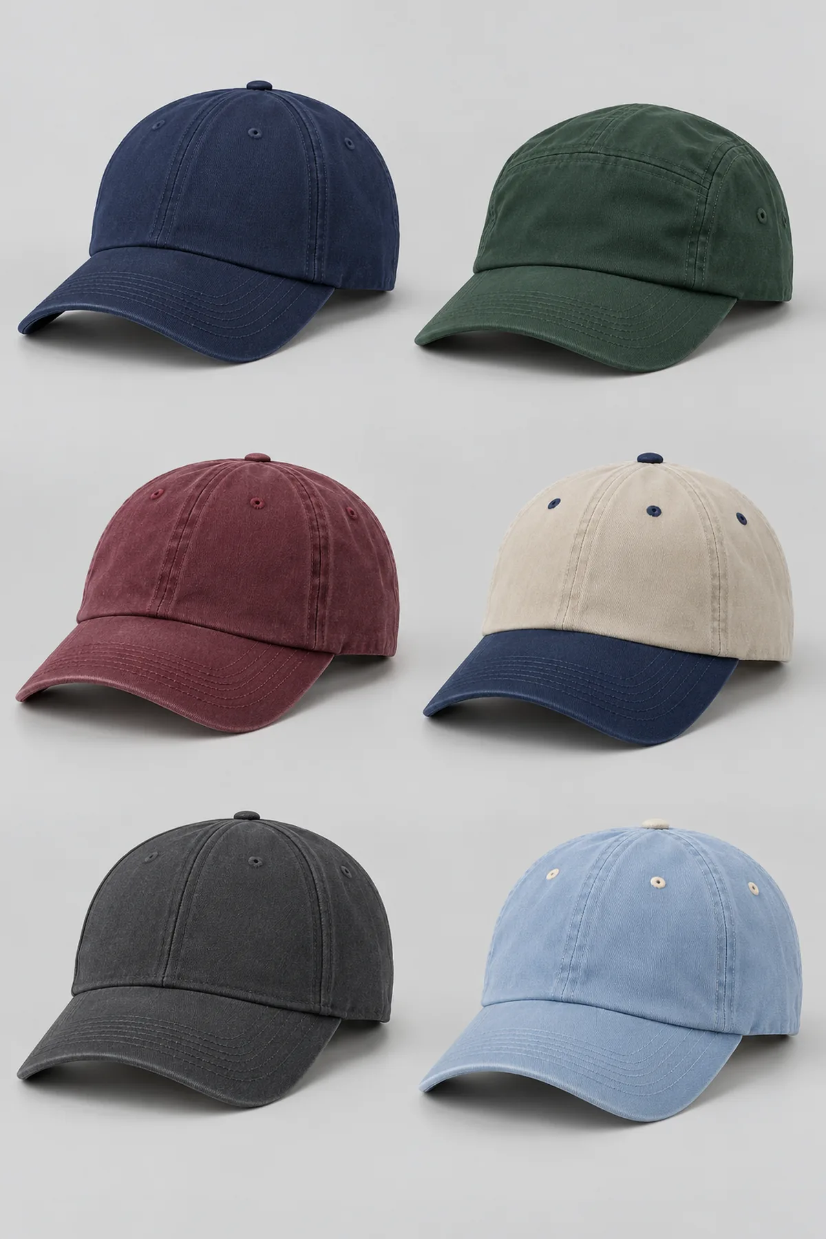 Six baseball cap designs in navy, green, burgundy, beige with navy peak, charcoal and pale blue with varied crown profiles