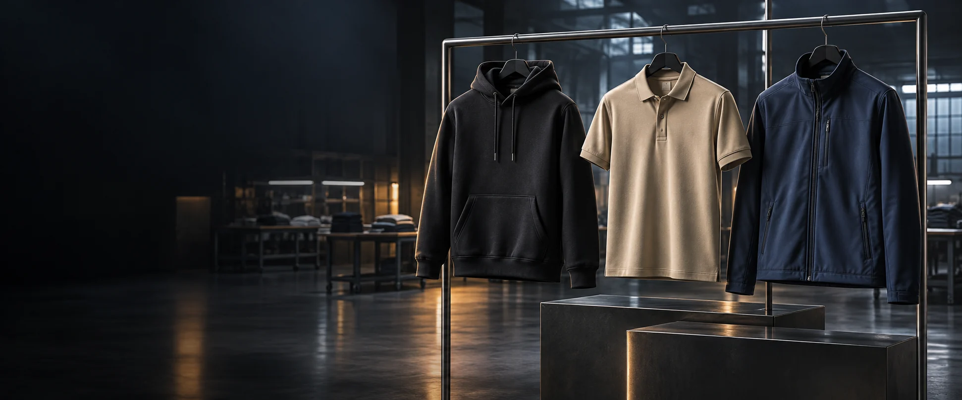 Black hoodie, beige polo shirt and navy zip jacket displayed in a garment studio