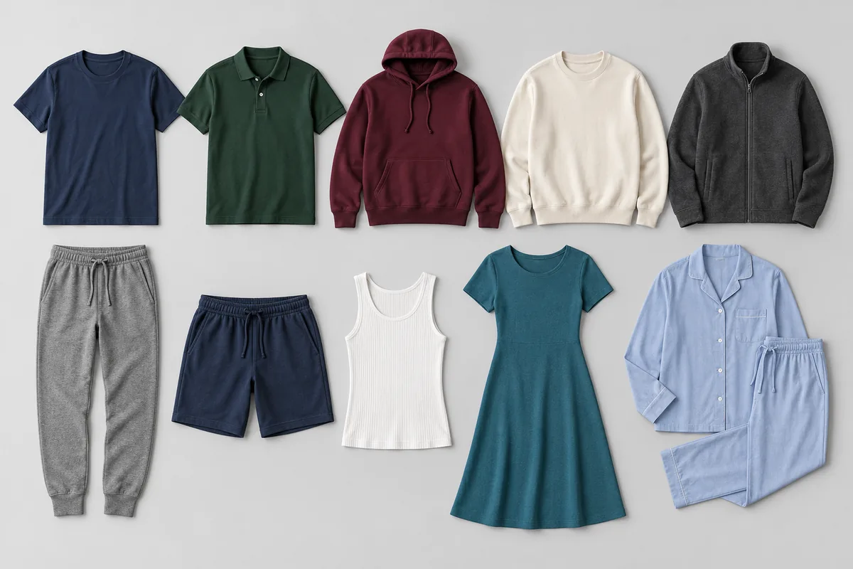 Knit clothing collection from a Custom Garments Manufacturer in Bangladesh, including tops, hoodies, joggers, a dress and pajamas