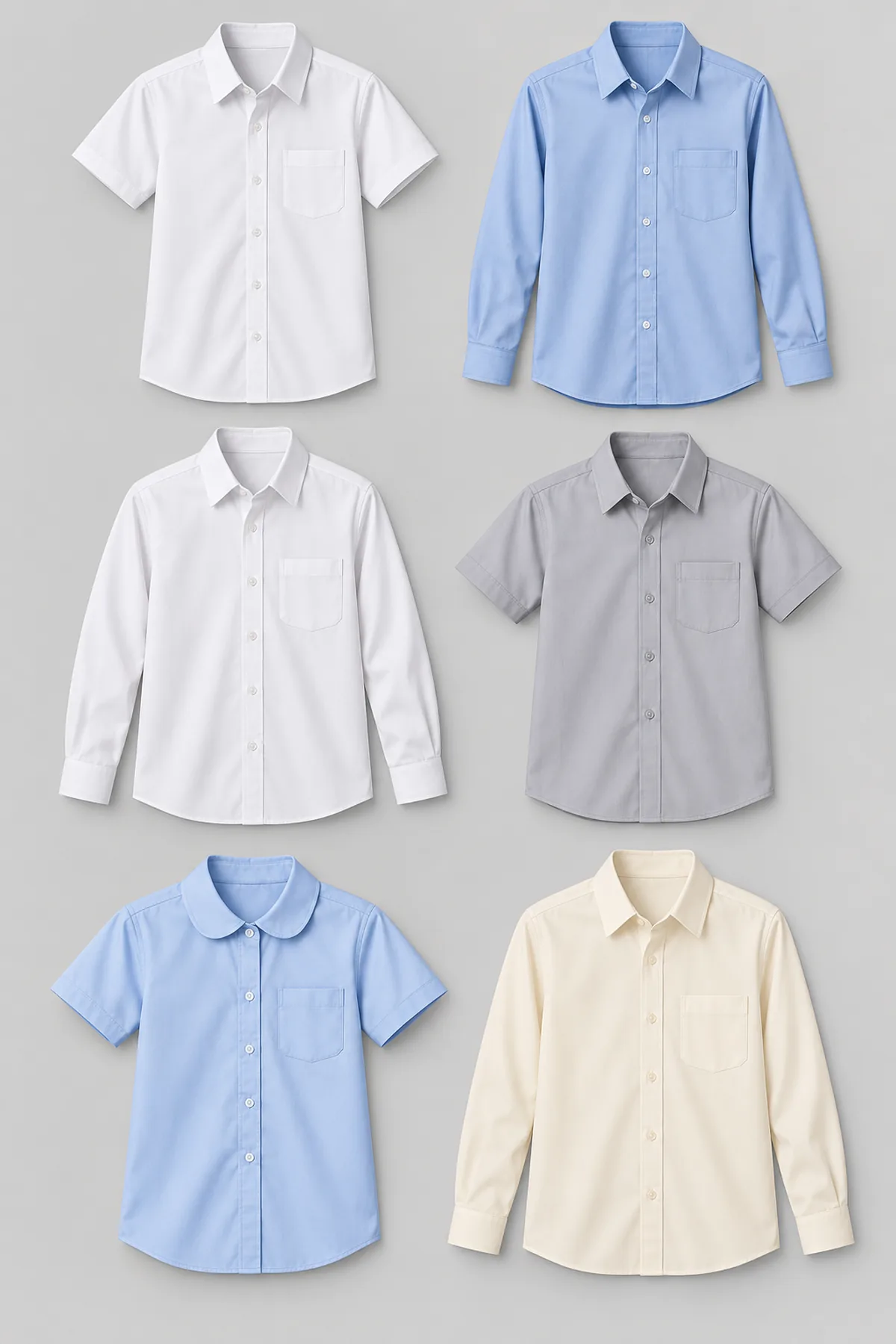Six school shirt designs with short and long sleeves in white, blue, grey and cream