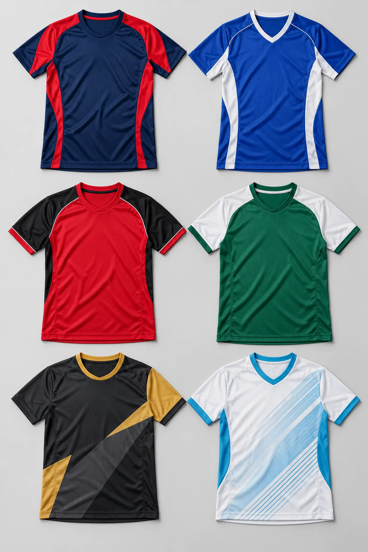 Six custom sports jersey designs with crew and V-necks, contrast panels and navy, blue, red, green, charcoal and white colourways
