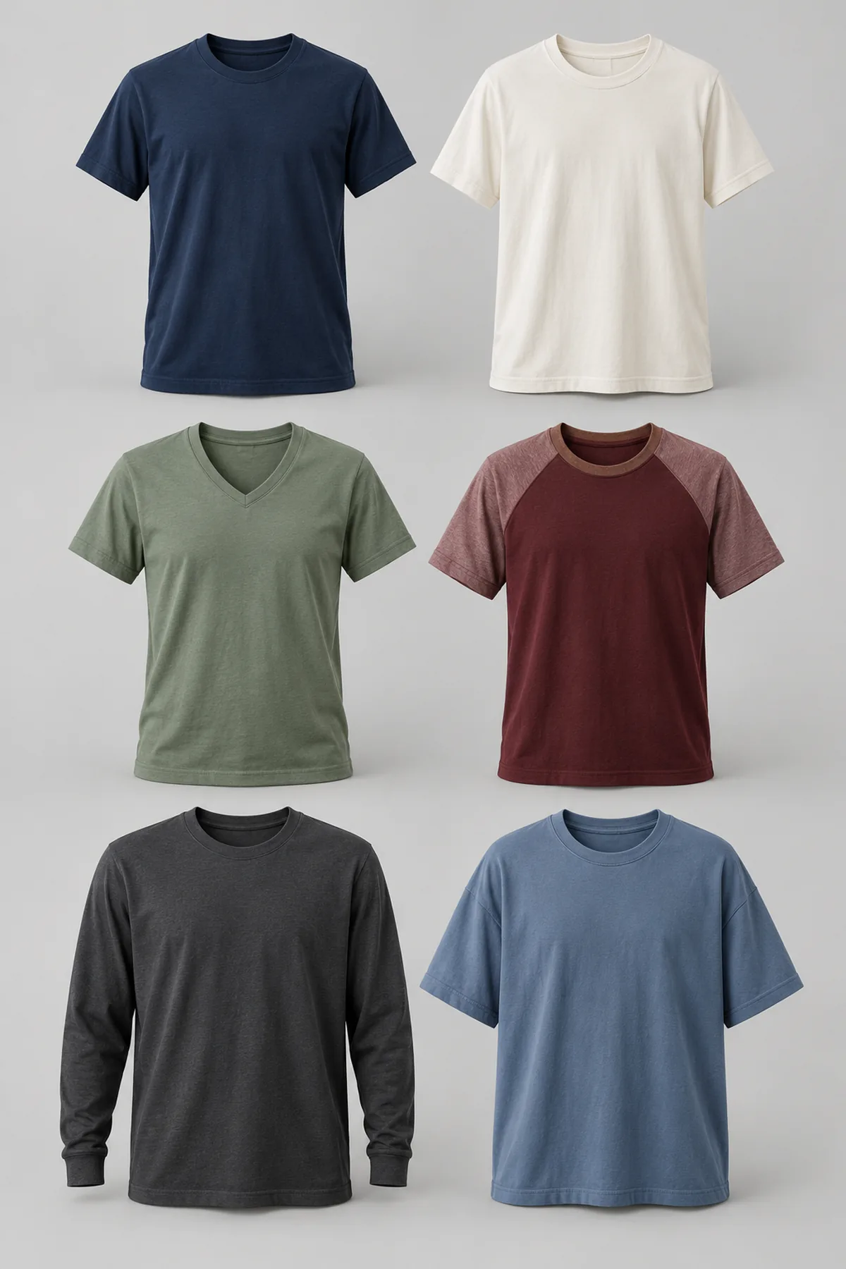 Six T-shirt styles in navy, off-white, sage, burgundy, charcoal and blue