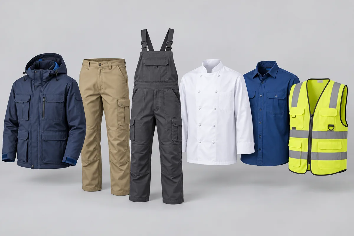 Workwear assortment with a hooded jacket, cargo trousers, bib overalls, chef coat, woven work shirt and reflective vest