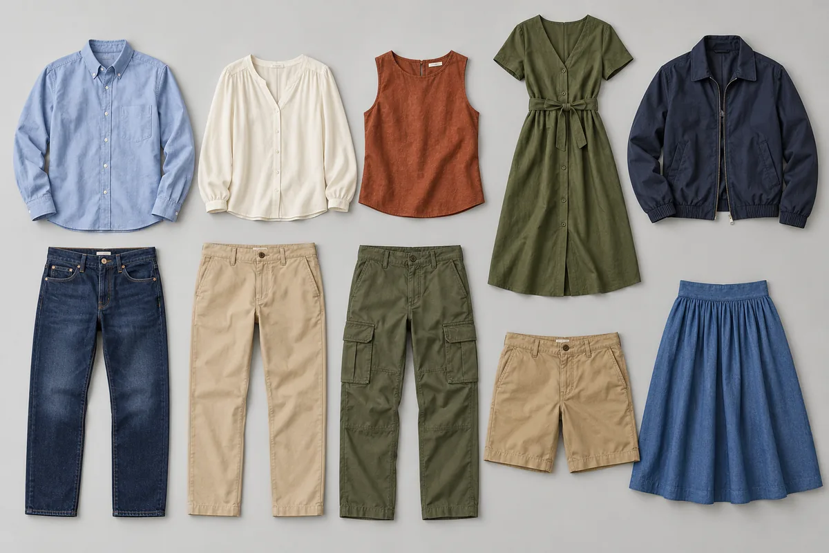 Ten woven apparel types including a shirt, blouse, sleeveless top, dress, jacket, jeans, chinos, cargo trousers, shorts and skirt