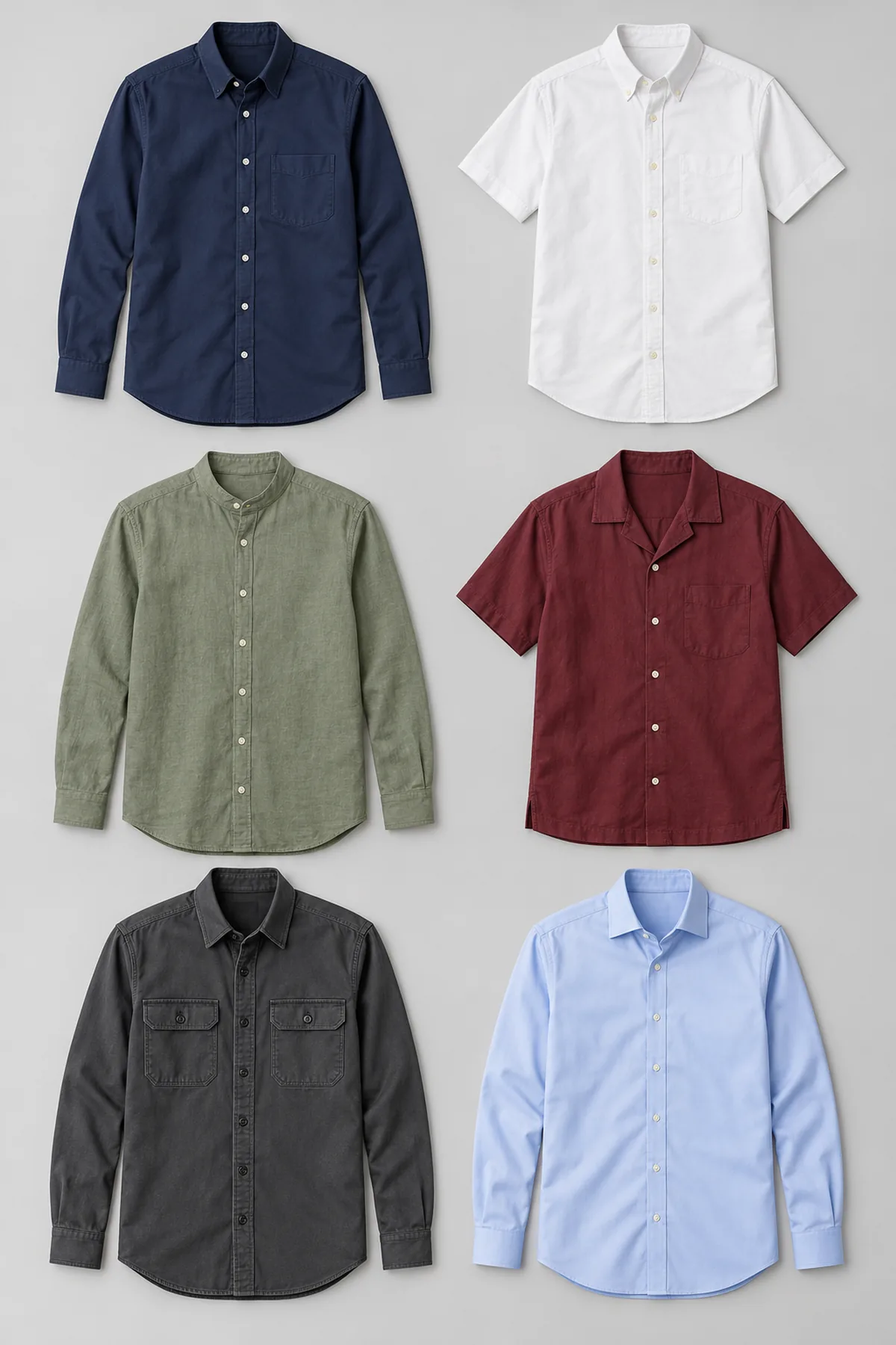 Six woven shirt designs in navy, white, sage, burgundy, charcoal and blue with classic, band and camp collars